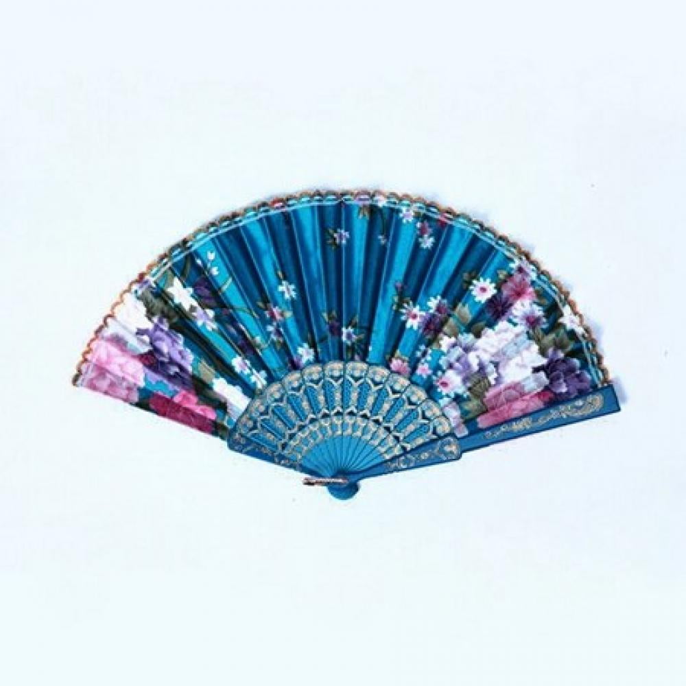 Chinese Bamboo Folding Silk HAND FAN with blue Flowers 