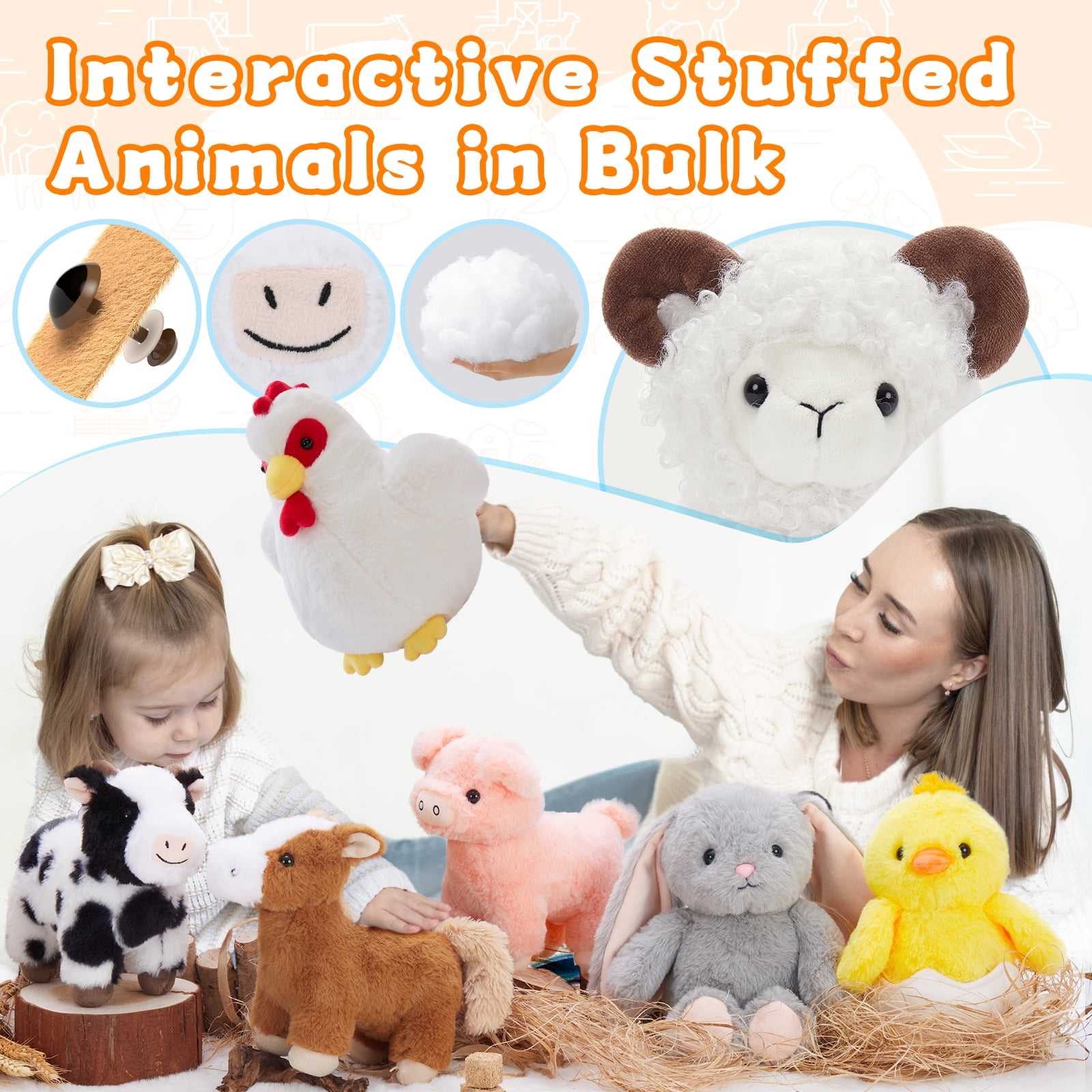 MorisMos 10 Pack Farm Animal Plush Set Bulk Stuffed Farm Collection with Horse, Cow, Dog, Cat & More Playset Toys