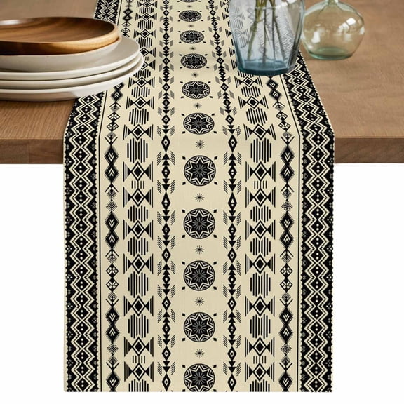 Table Runner 48 Inches Long for Kitchen Dining, Black Khaki Boho Dresser Scarf Farmhouse, Dining Table Decorations for Wedding/Parties, Vintage Ethnic Tribe Abstract Art Retro 13 x 48 In