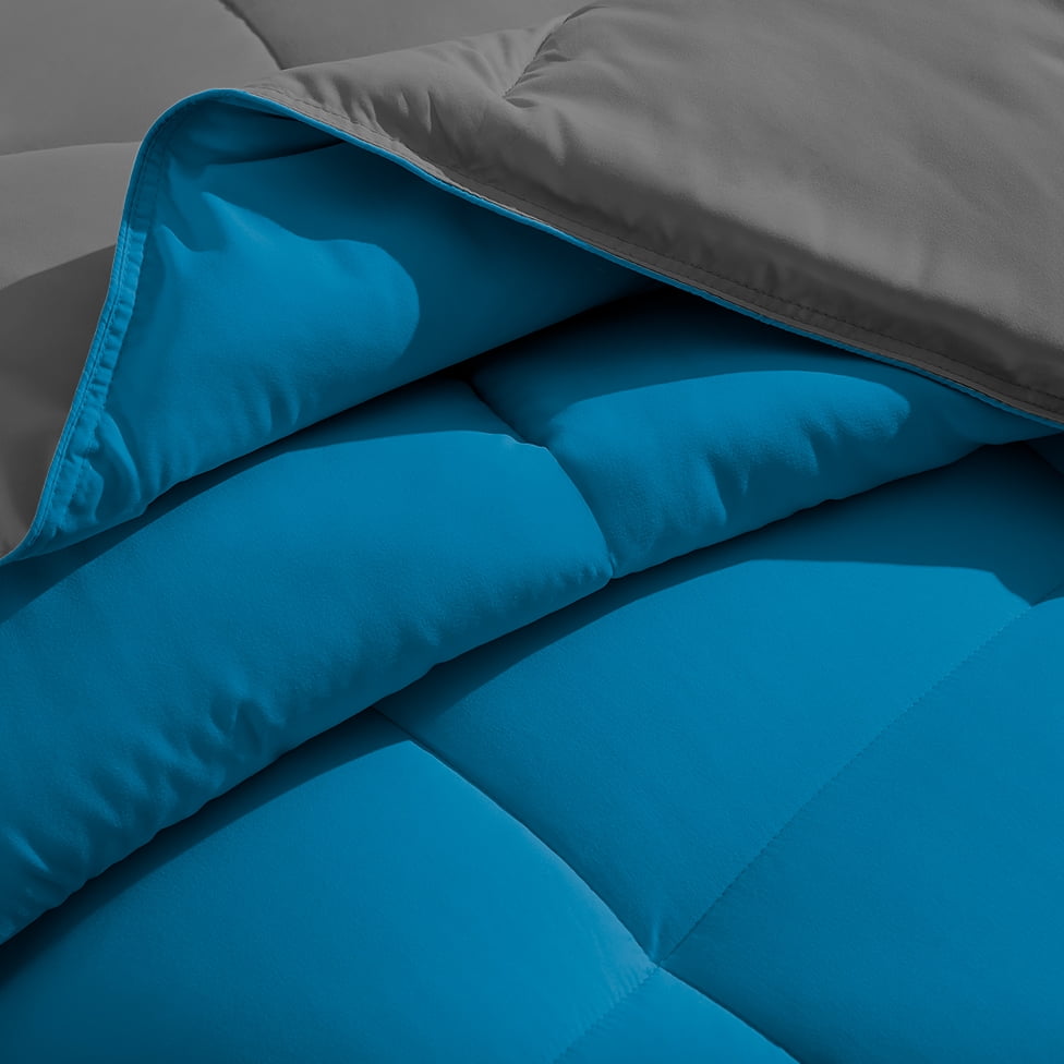 Bare Home Microfiber 4-Piece Medium Blue/Gray Comforter, Gray Sheet Set Reversible Bed in a Bag, Twin XL