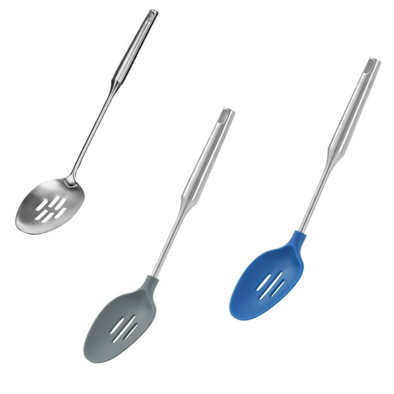 YBM Home Silicone Non-Stick Slotted Cooking Serving Spoons, Heat-Resistant Plastic Kitchen Tools for Mixing, Frying, Serving, Draining, Turning, and Stirring, with Stainless Steel Handle, Set of 3