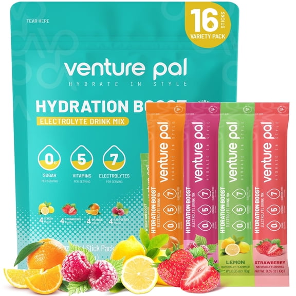 Venture Pal Sugar Free Electrolytes Powder Packets - Daily Hydration Packets | 5 Vitamins & 7 Electrolytes | Certified Vegan, Keto, Non-GMO | 16 Sticks