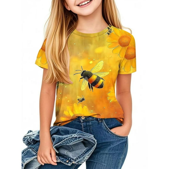 MKOSPLRT Bee Day Shirts for Toddler Girl 3-14 Years Short Sleeve Cute Bee Graphic Tees Crew Neck Funny T Shirts Lightweight Blouses