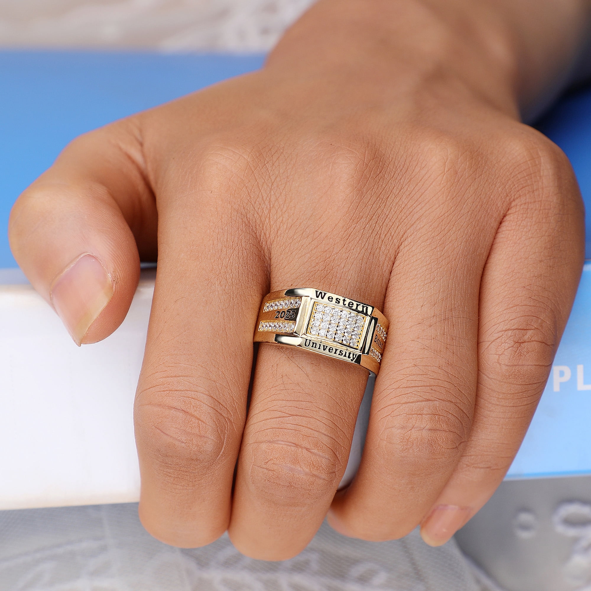 Mementos PJM Custom Men's Class Ring Silenium Brass for High School College-Platinum-Signature