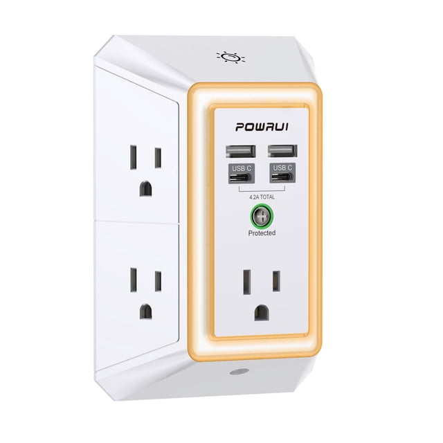 Extensor de enchufe POWRUI de 5 tomas y 4 puertos USB con luz nocturna