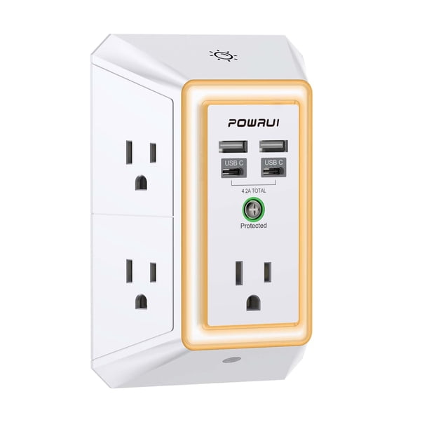 Extensor de enchufe POWRUI de 5 tomas y 4 puertos USB con luz nocturna