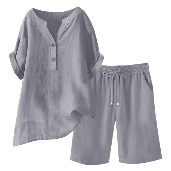 AVTOIFY Summer Womens Shorts Casual, Women Loose Casual Solid Color and Linen Short Sleeved Tops Shorts Outwear Set Gray XL