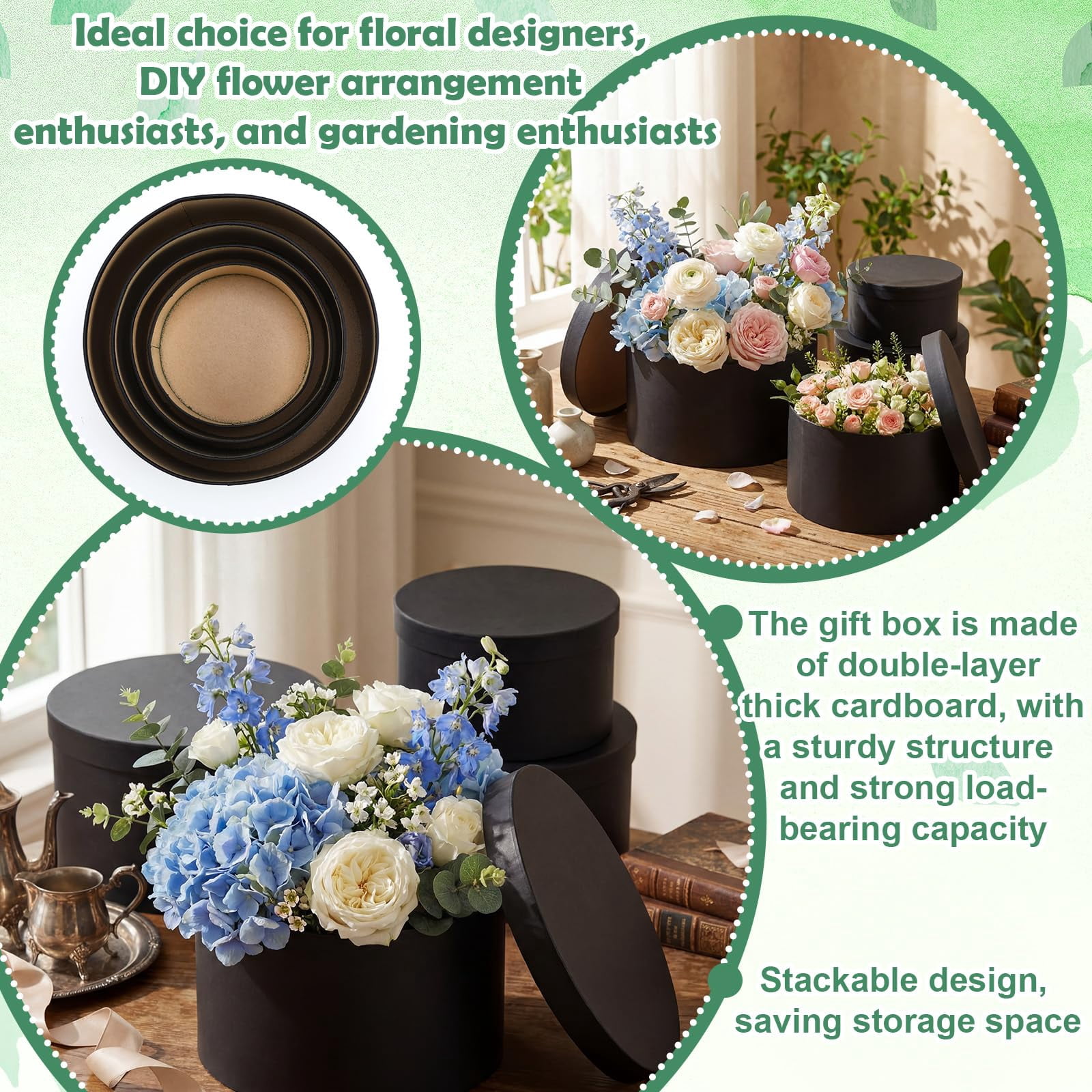 4 Pack Black Round Gift Boxes With Lids Floral Foam Flower Box For Arrangements Mother's Day Gifts Bridesmaid Proposal Wedding Party Favor