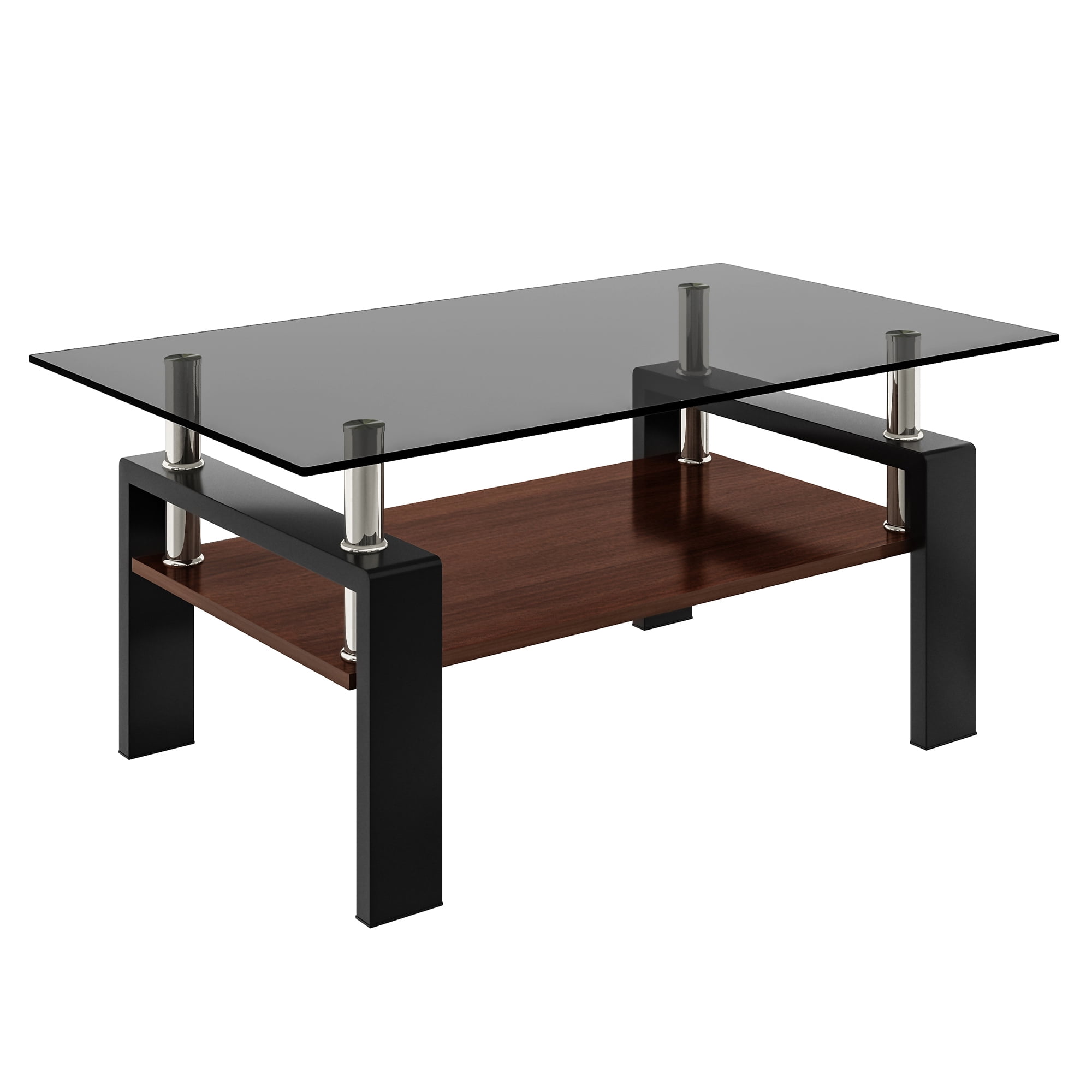MAYEERTY Rectangle Coffee Table with Gray Tempered Glass & MDF Shelf