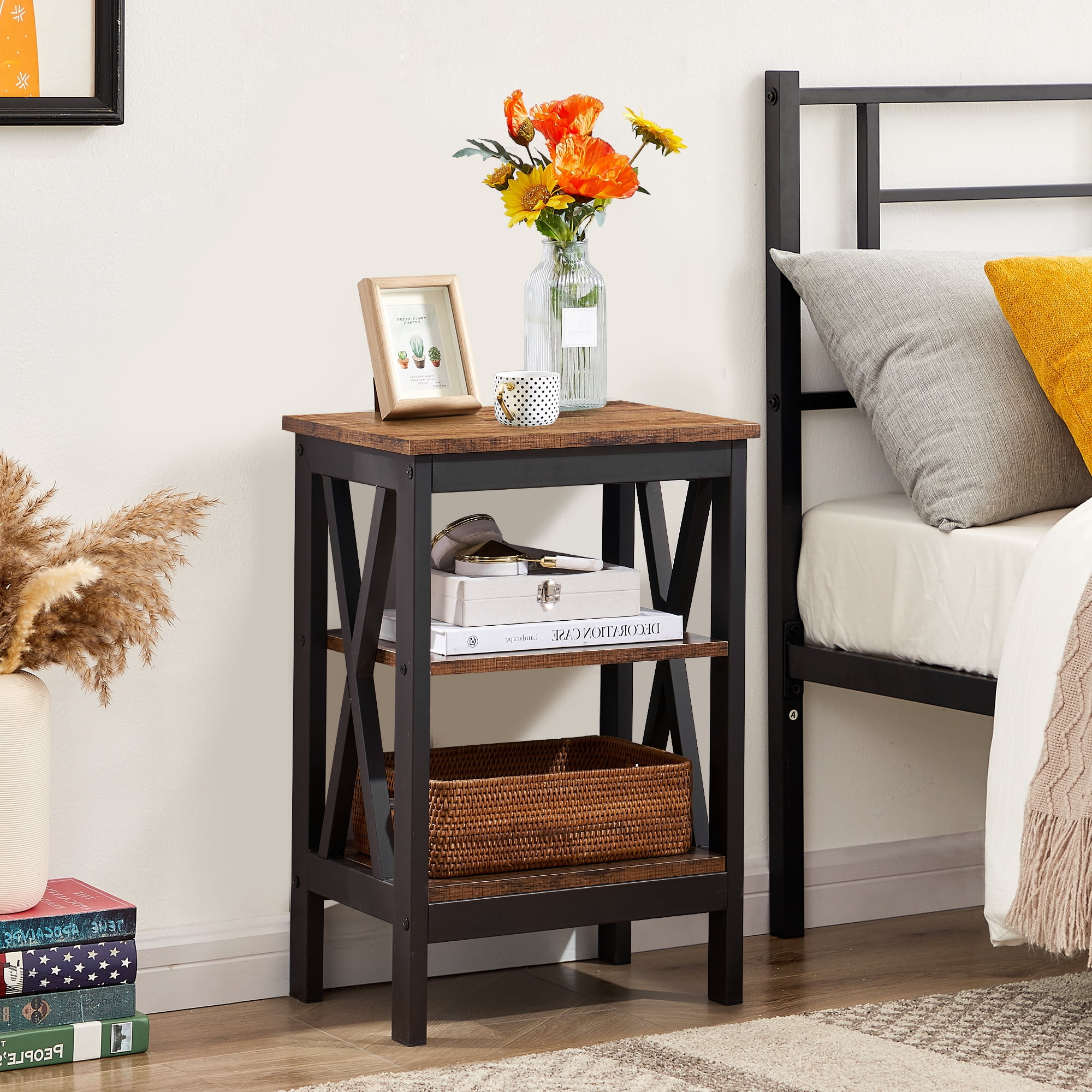 VECELO Set of 2 Nightstand with 3-Tier Shelves, X-Shaped Sofa Side End Table for Bedroom/Living Room/Office, Brown