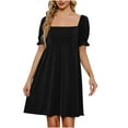 thumbnail image 2 of up to 60% off Gifts Usmixi Womens Dresses High Waist Casual Smocked Swing Beach Short Sun Dresses Short Sleeve Square Neck Solid Mini Summer Dress Black L Clothes, 2 of 7