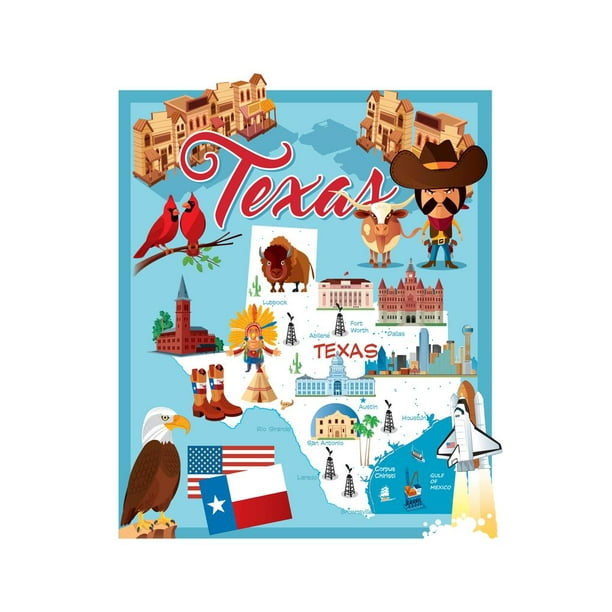 Laminated Illustrated Map of TEXAS Poster Dry Erase Sign 16x24