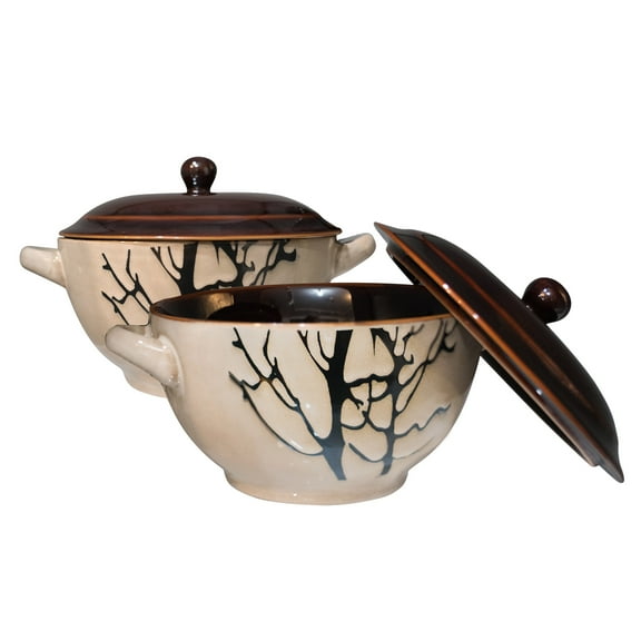Bake & Serve - Large Ceramic Soup Bowls With Handles and Lids - 30 Ounce - Set of 2