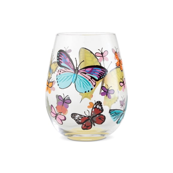 Enesco Lolita Stemless Butterfly Hand Painted Stemless Wine Glass 5in H
