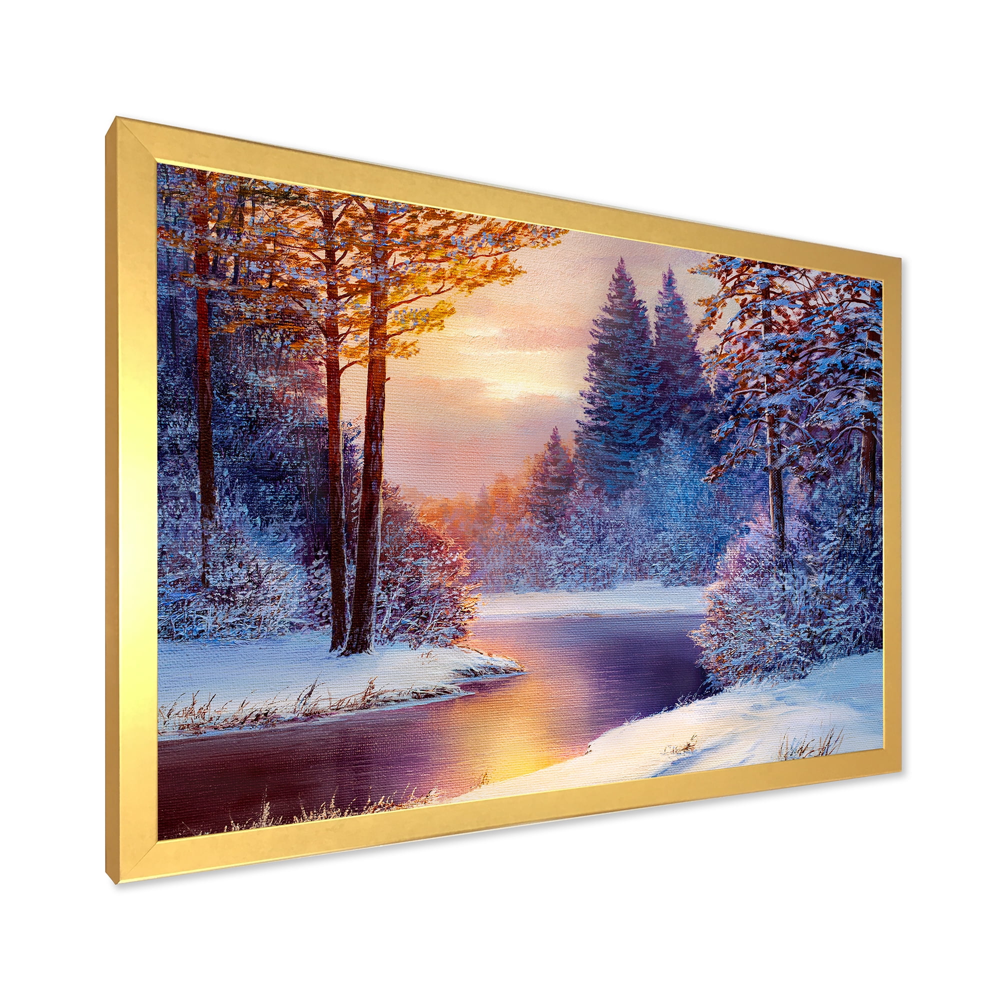 Designart 'Dark Blue Silhouettes of Trees With Winding River' Lake House Framed Art Print