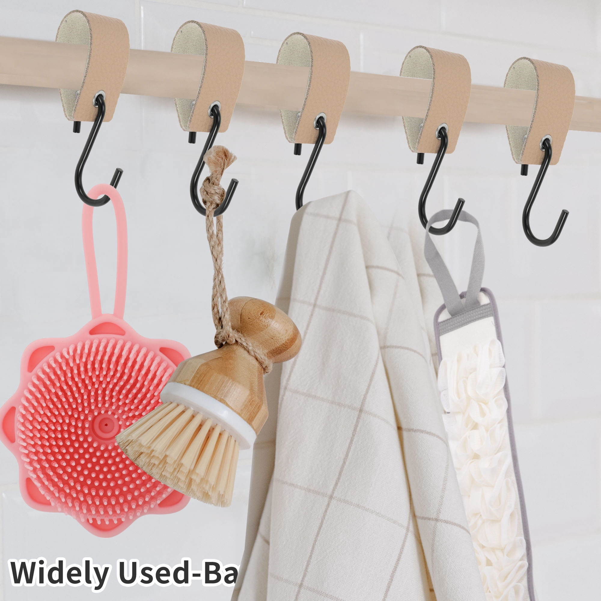 Unique Bargains Pack of 5 S Hooks with Leather Loop for Wardrobe Apricot