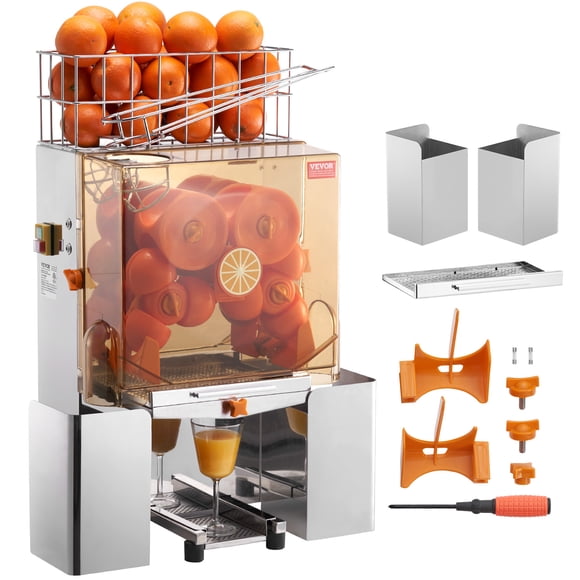 VEVOR 120W Automatic Juice Extractor, Stainless Steel Orange Squeezer for 20 Oranges Per Minute, with Pull-Out Filter Box, PC Cover, 2 Peel Collecting Buckets