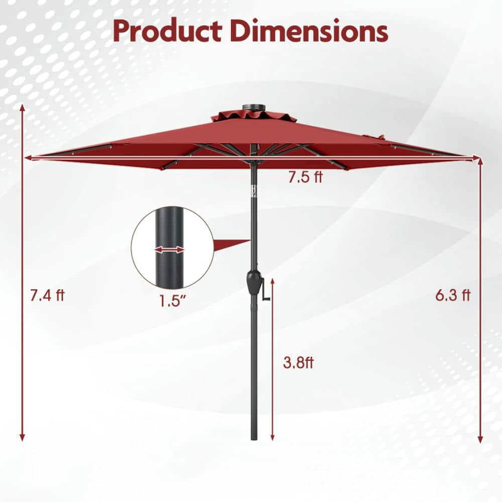 Spaco 7.5 Feet Solar Powered Patio Umbrella, Outdoor Shade with LED Lights and Crank Handle, Red