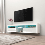 Bari 200 Floating TV Stand for TVs up to 90, Modern High Gloss 79 Entertainment Center, Wall Mounted TV Media Console with Storage Cabinets and LED Lights