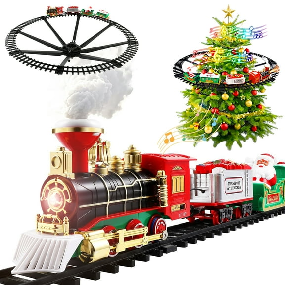 POCO DIVO Christmas Hanging Train Set, On Tree Tracks Underneath Railway, Retro Locomotive Tender Lounge Santa-Carriage, Smoke Sound Light, Kids Electric Toy Model, Classic Gift Holiday Decor