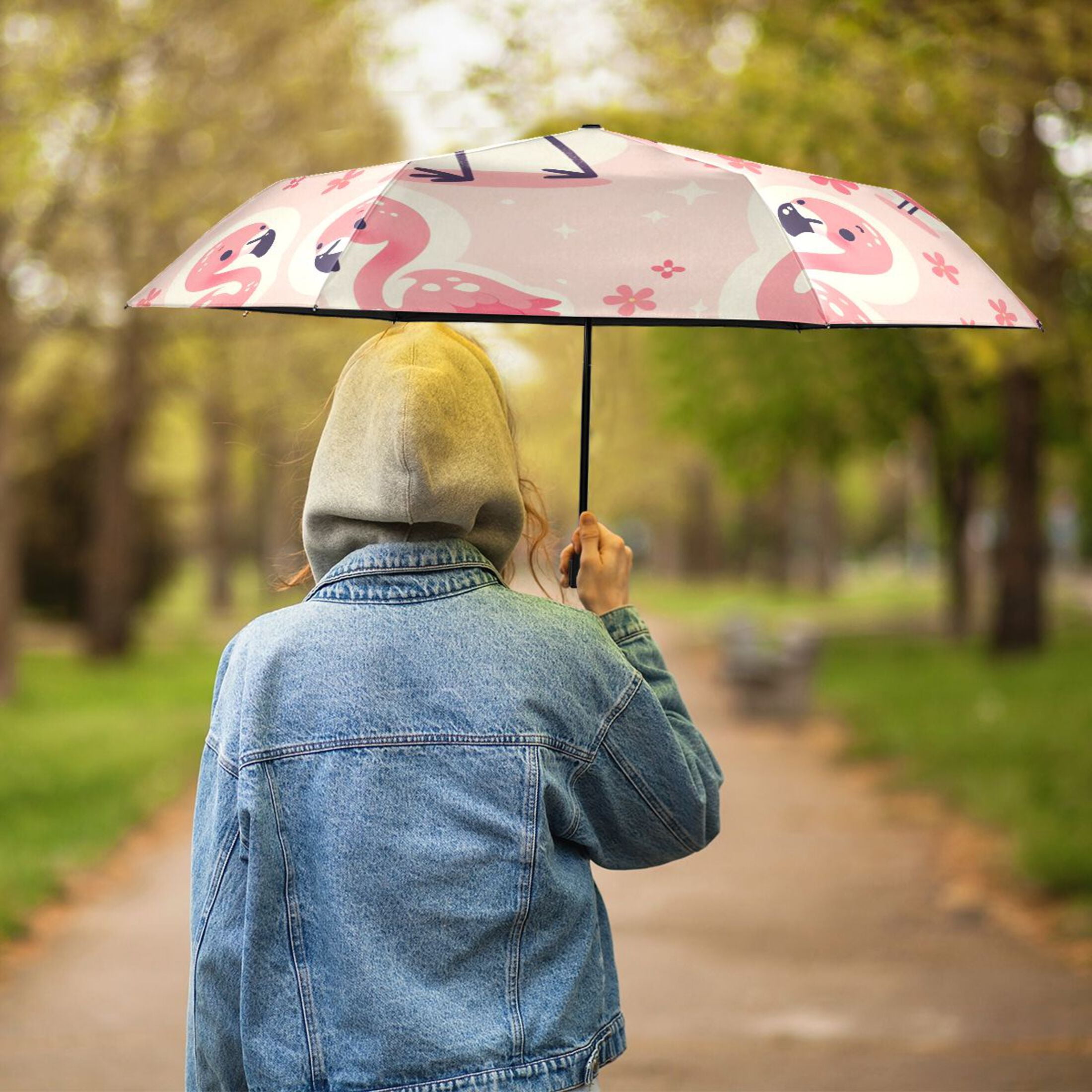 Cute Pink Flamingo and Flowers Compact Sun Umbrella Windproof Travel Umbrellas for Rain Strong Portable UV Protection