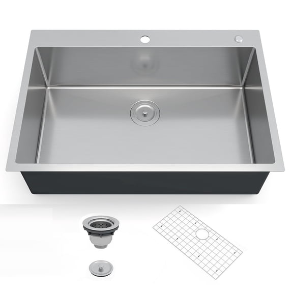 33x22 Inch Drop-in Kitchen Sink, Single Bowl Flat Bottom Design, 16 Gauge 304 Stainless Steel Construction, 10 Inch Deep, Includes Bottom Grid and Drain Assembly
