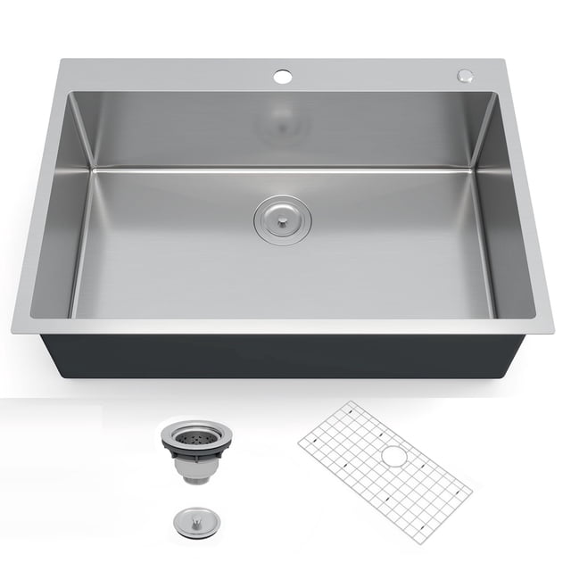 QinaQin 304 Stainless Steel Built-In Kitchen Sink, 1.35 Mm Thick, Hand-Welded, Brushed Finish. Comes with a Bamboo Cutting Board, Drain Rack, Drain Pan, and Base