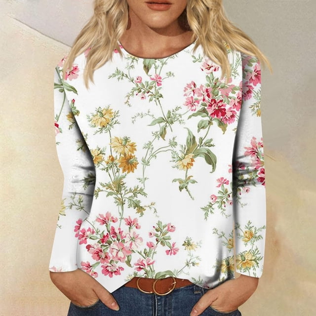MKLEKYY Hauts de Sortie pour Femmes Mode Décontractée Imprimé Col Rond Manches Courtes Pull T-Shirt