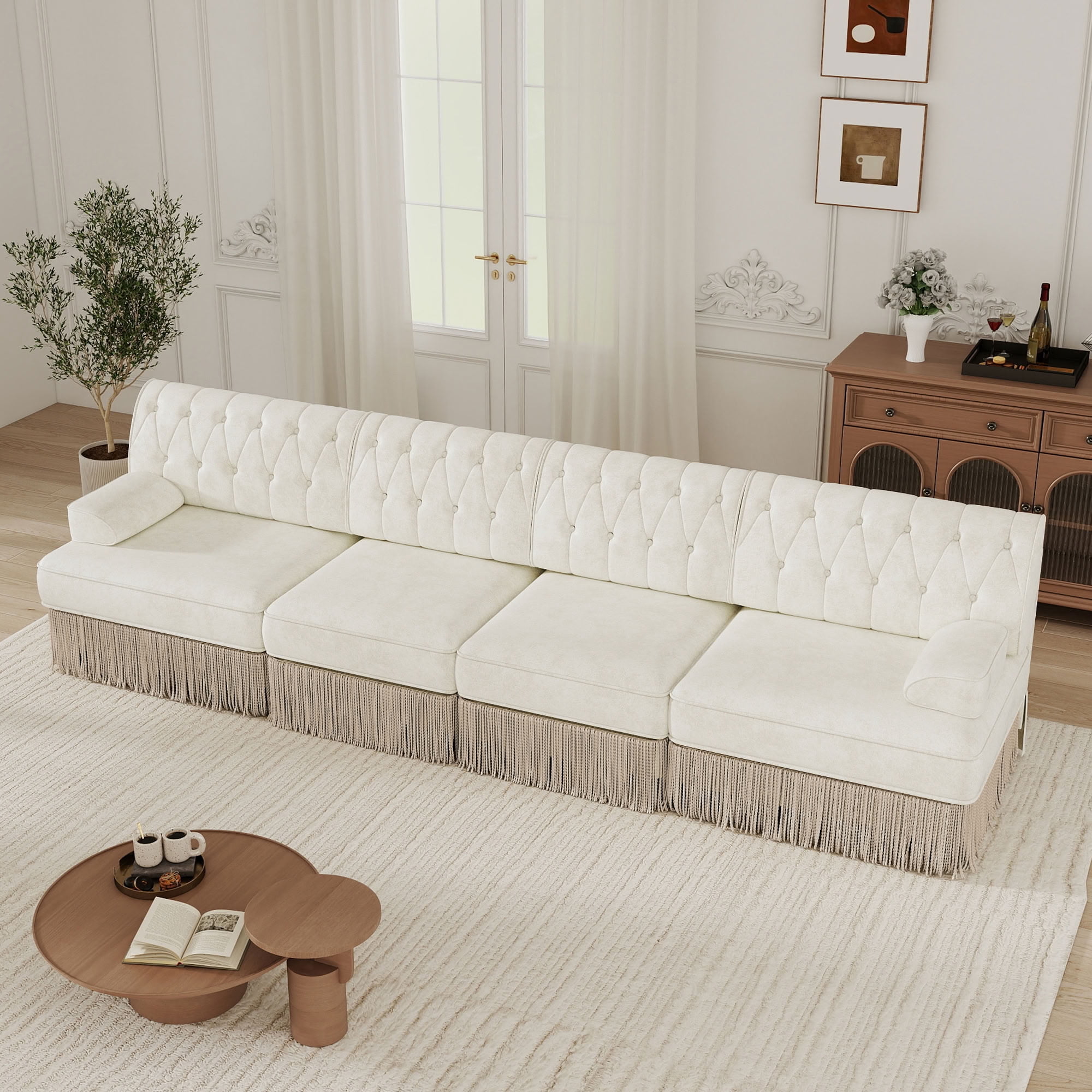 MAYEERTY 135 Inch Modular Chesterfield Sofa, 4-Seater Button Tufted Modular Couch, Solid Wood Base for Home Lounge Space