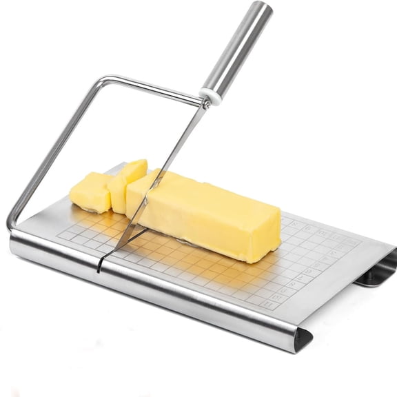 Stainless Steel Butter Slicer with Cutting Board, Multipurpose Cheese Cutter with Measuring Grid, Wire Slicer for Butter, Cheese, Sausage, Vegetables, Kitchen Food Slicer Tool