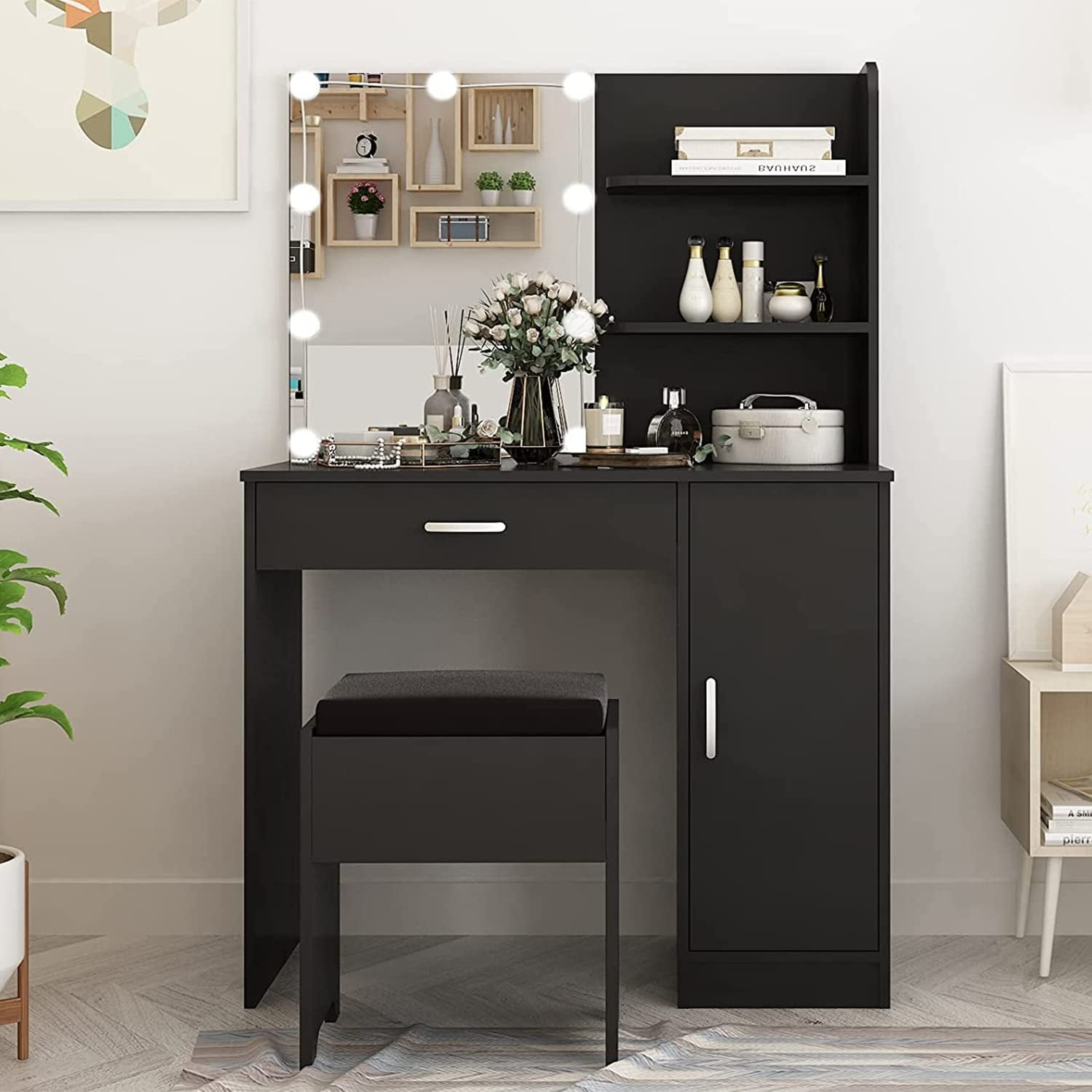 Vanity Set Vanity Desk with Mirror & Drawers Shelves, Wood Makeup ...