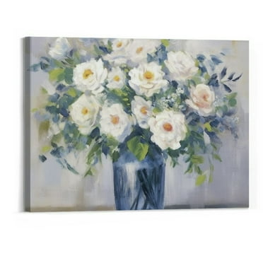 Creowell  Bedroom Flower Canvas Wall Art: Living Room Modern Abstract White Floral Picture Rustic Blossom Painting Bloom Bouquet in Vase Artwork Home Office Vintage Botanical Print 20x16 In
