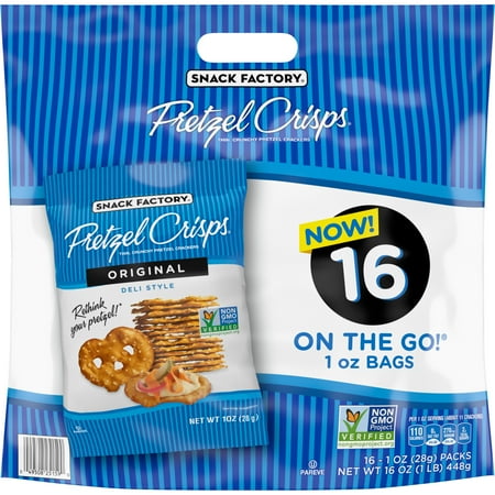 Snack Factory Pretzel Crisps Original, 1 Oz Snack Packs, 16 Ct