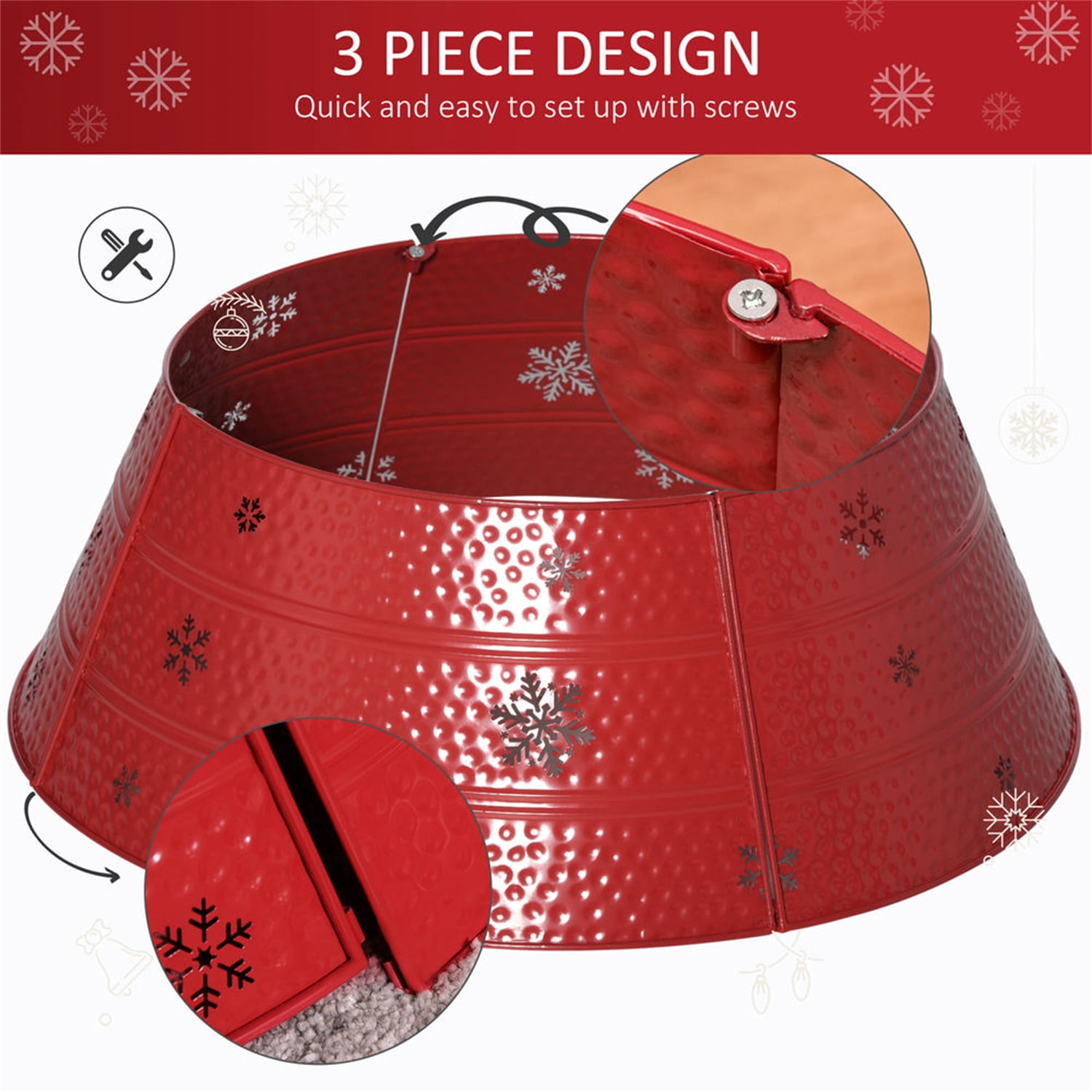 Hommoo Christmas Tree Collar, Steel Tree Ring Skirt, Home Xmas Decoration for Christmas Tree, 26" x 26" x 9", Red