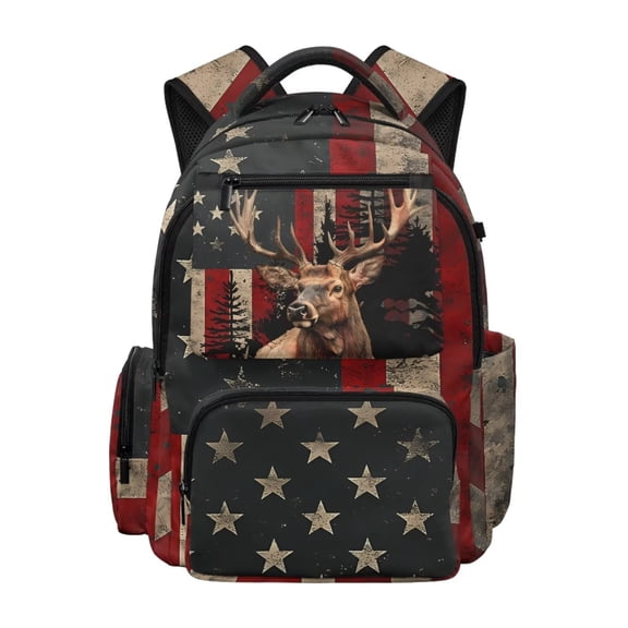 FKELYI 17 Inch Schoolbag for Kids Backpack with Multi Pockets Grunge USA Flag Hunting Elk Print Spacious Bookbag for Elementary Student Girls Boys Rucksack Casual Daypack