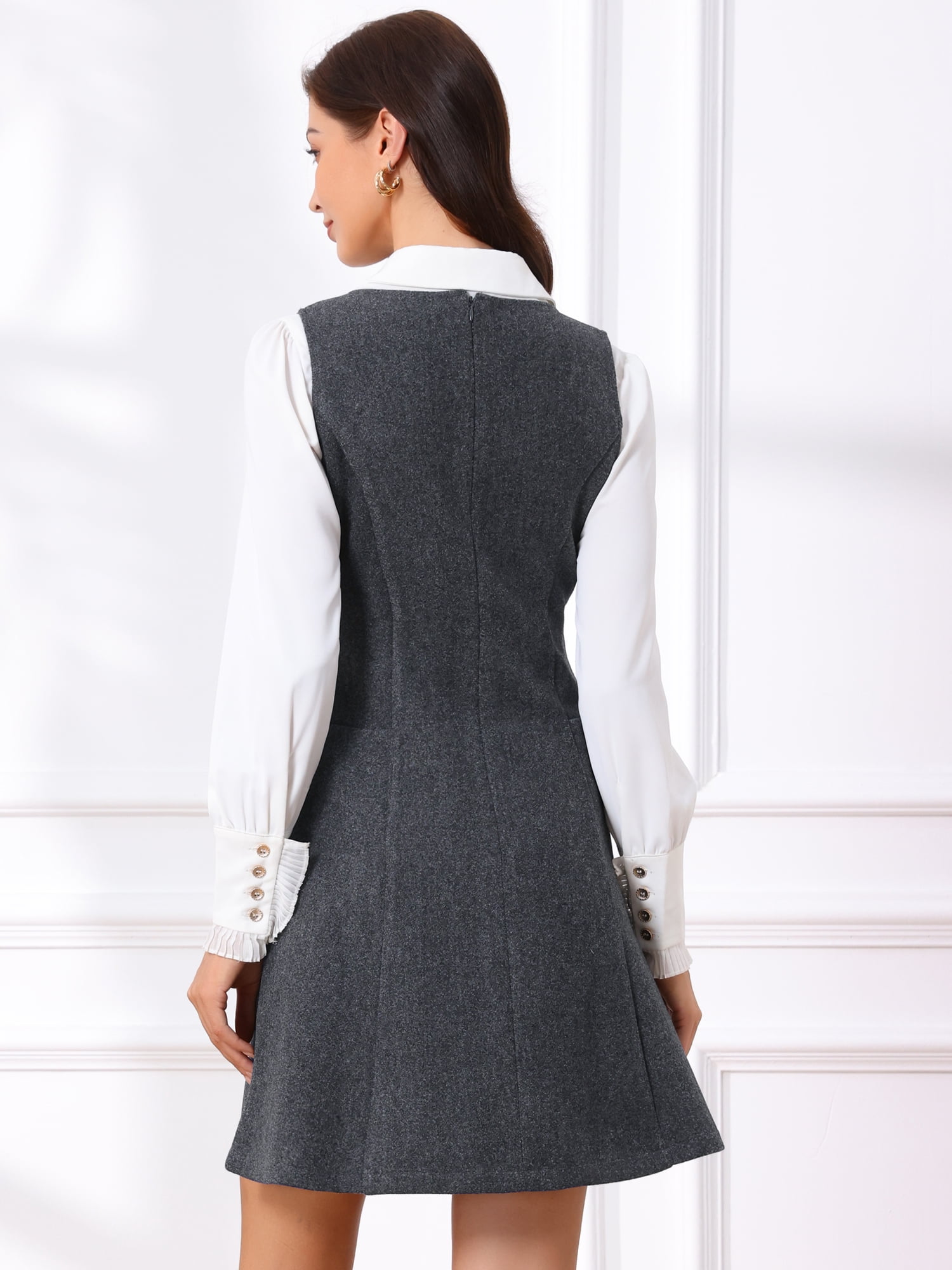 DARING DIVA Women's Pinafore A-Line Double Breasted Overalls Suspenders M Dark Grey