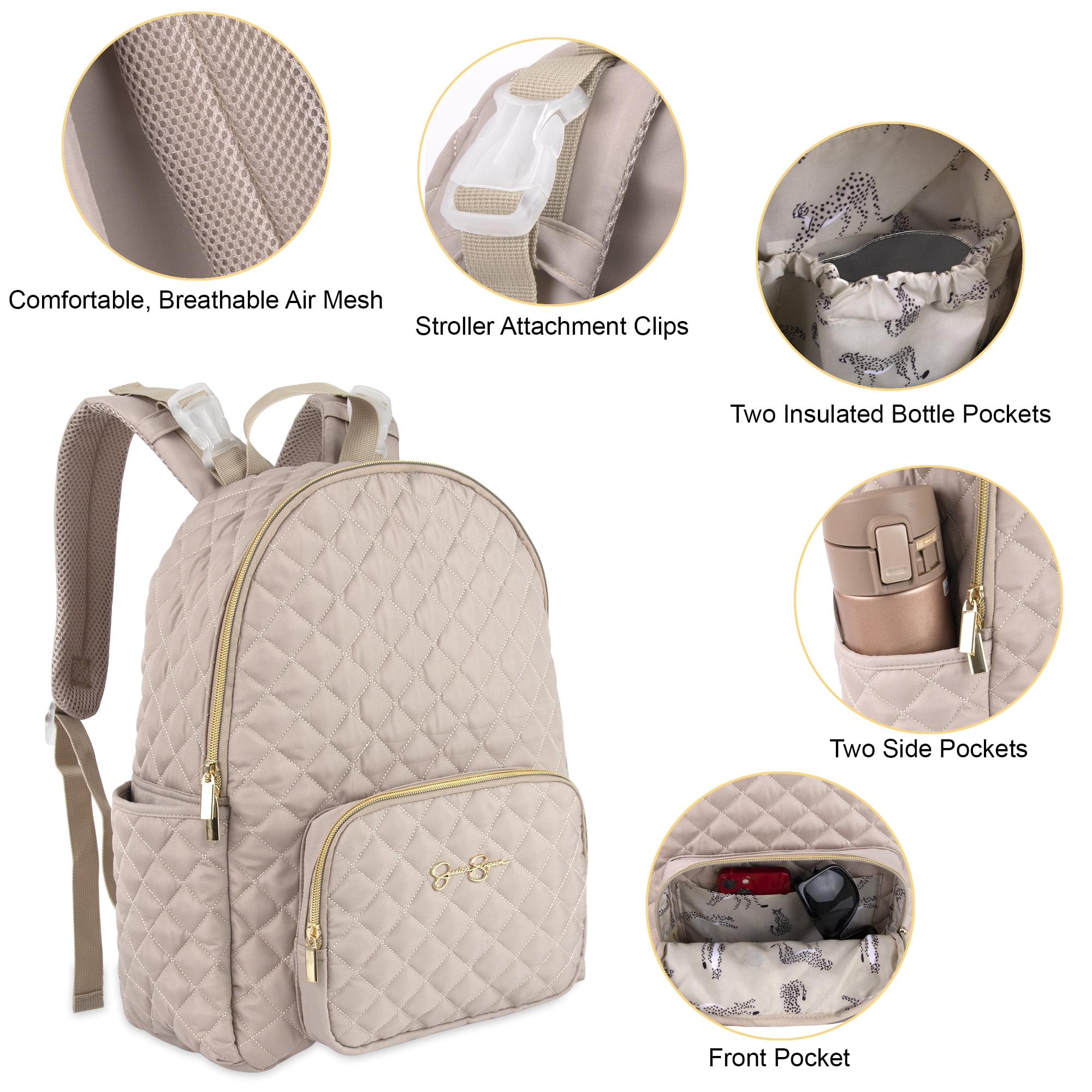 Jessica Simpson Taupe Diamond Quilted Multi-Pocket Dual Zipper Closure Fashion Diaper Bag Backpack with Running Cheetah Print Interior, Matching 3-Ply Folding Baby Changing Pad