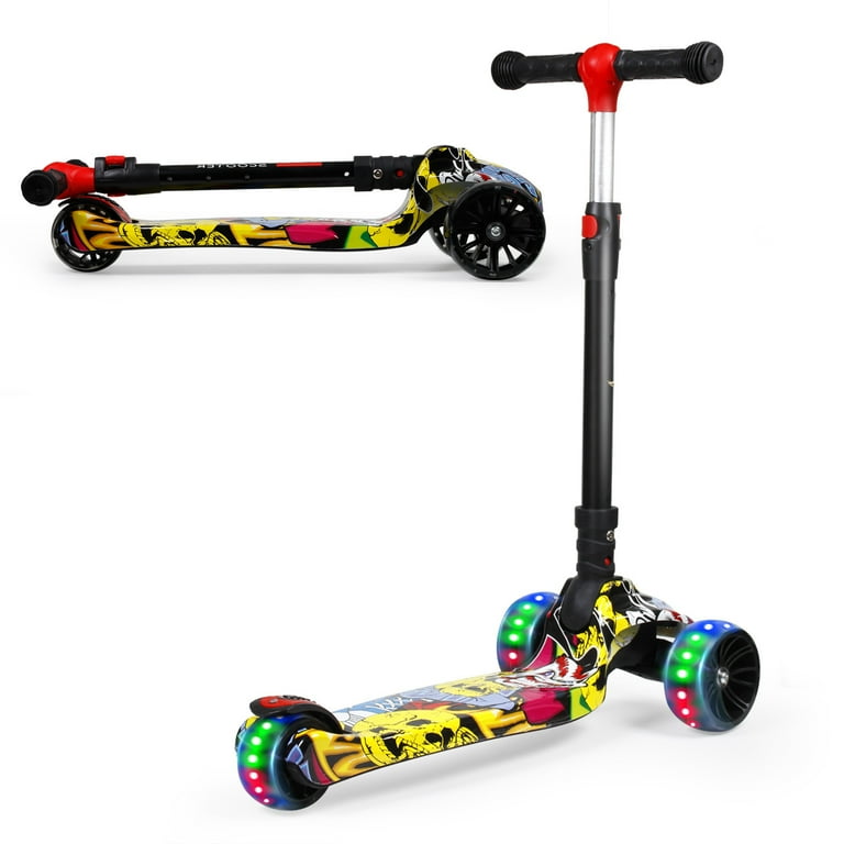 LIEAGLE Scooter for Kids 3 Wheel PU LED Flashing 3 Adjustable Height  Foldable Kick Scooter for Kids 3-8 Years Old Graffiti Yellow