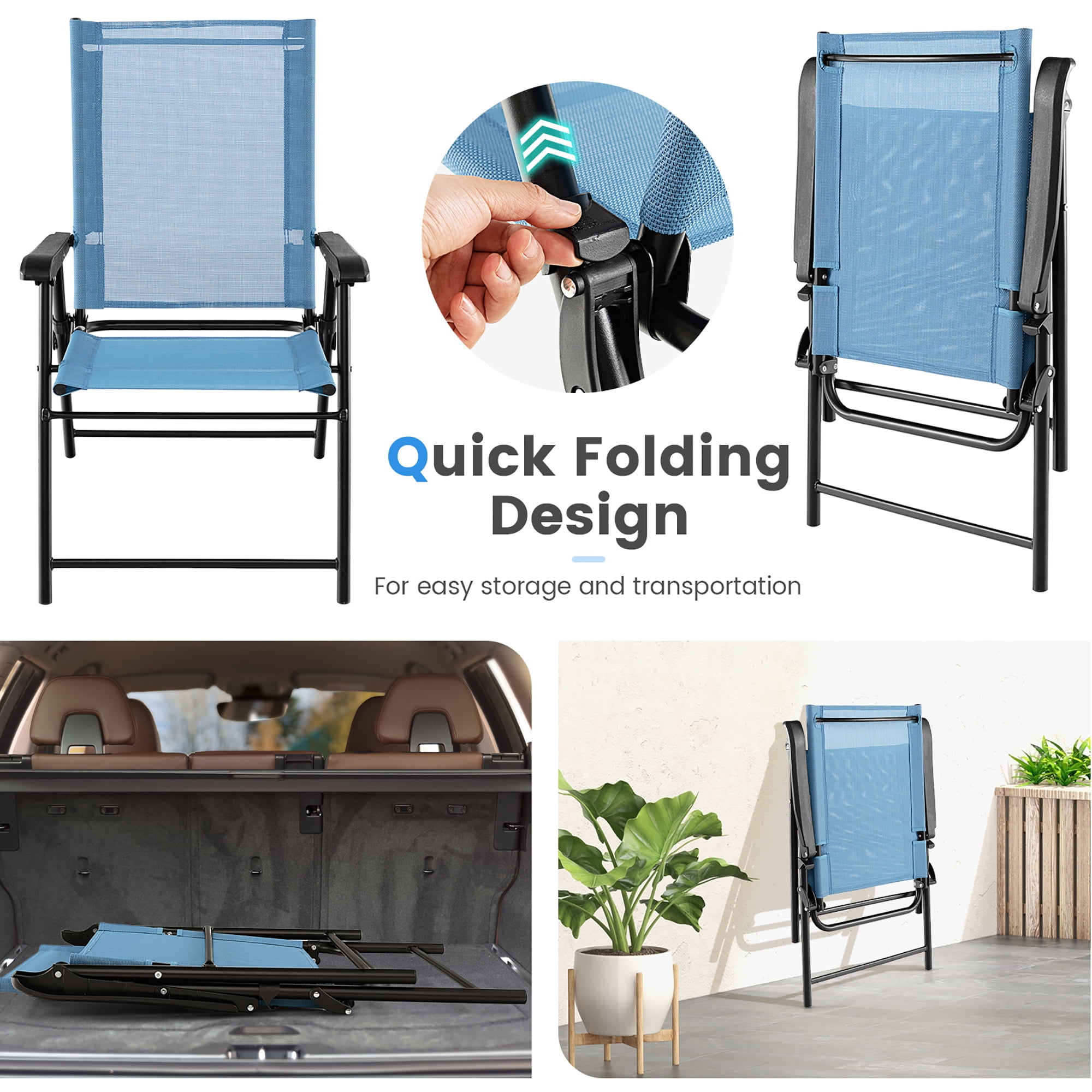 Gymax Patio Metal Outdoor Cozy and Breathable Folding Chairs, Blue "1 Set of 2"