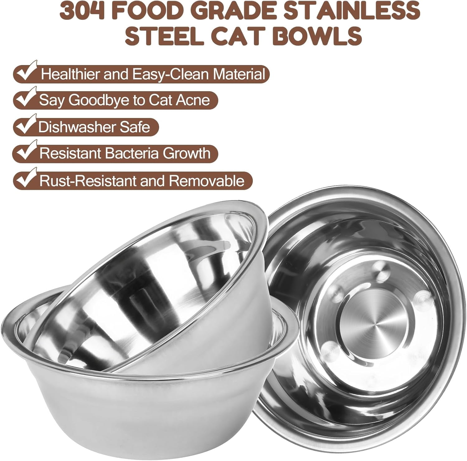 Flantor Elevated Cat Feeding Bowl Set with 10° Tilt, 3 Stainless Steel Bowls, Wood Frame and Foldable Metal Stand