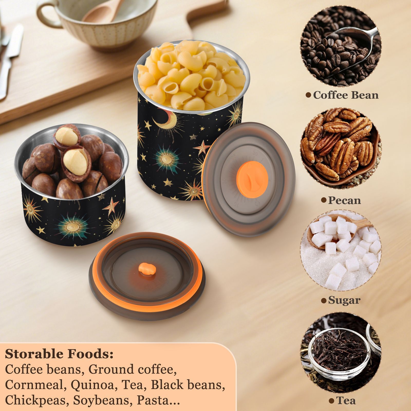 Rainbow Moon Star Sun Airtight Coffee Bean Canister 900 ml Food Storage Containers with Lids For Gournd, Tea, Sugar, Flour, Rice, Cereal, Candy Cookie Jar