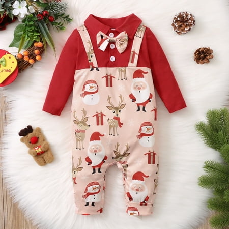 

ZOELNIC Newborn Infant Baby Boy Christmas Jumpsuit+Bow Tie Outfit Santa Deer Print Gentleman Xmas Romper Bodysuit 0-3 Months