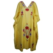 Mogul Yellow Kashmiri Long Caftan Floral Hand Embroidered Beach Cover Resort Wear Maxi Dress