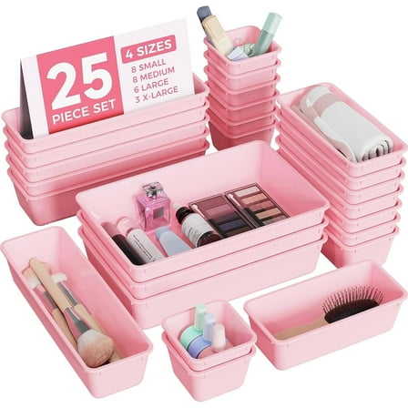25 PCS Plastic Drawer Organizers Set, 4-Sizes Vanity and Makeup Organizer, Desk and Bathroom Drawer Organizer Trays, Organizers and Storage for Makeup, Jewelry, Gadgets, Utensils Home Storage