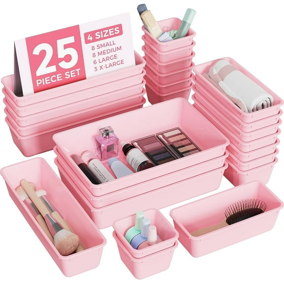 25 PCS Plastic Drawer Organizers Set, 4-Sizes Vanity and Makeup Organizer, Desk and Bathroom Drawer Organizer Trays, Organizers and Storage for Makeup, Jewelry, Gadgets, Utensils Home Storage
