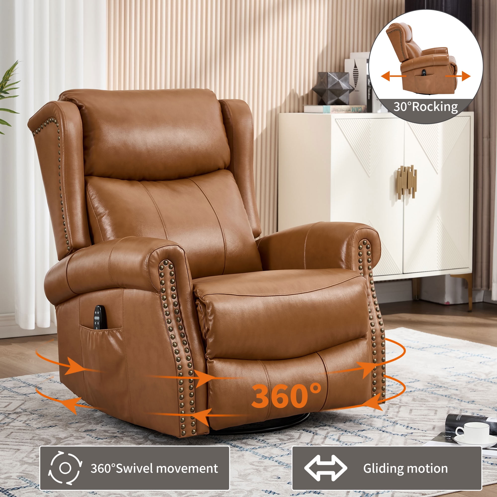 MAYEERTY 360 Degree Swivel Rocker Recliner Chair, Genuine Leather Manual Recline Glider Armchair with 8-Point Vibration Massage & Lumbar Heat, for Living Room Home Theater