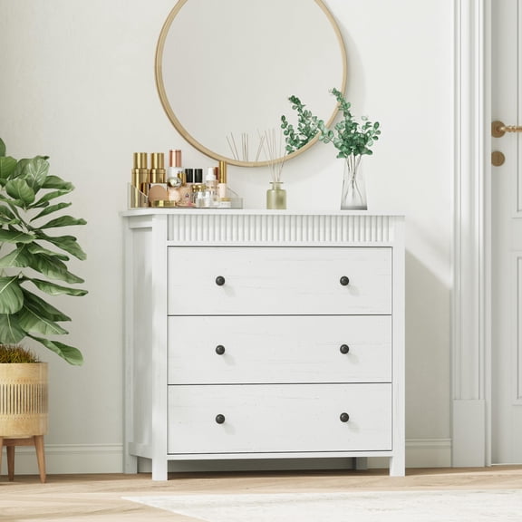 HELLONE Modern Fluted Nightstand with 3 Storage Drawer for Bedroom, White