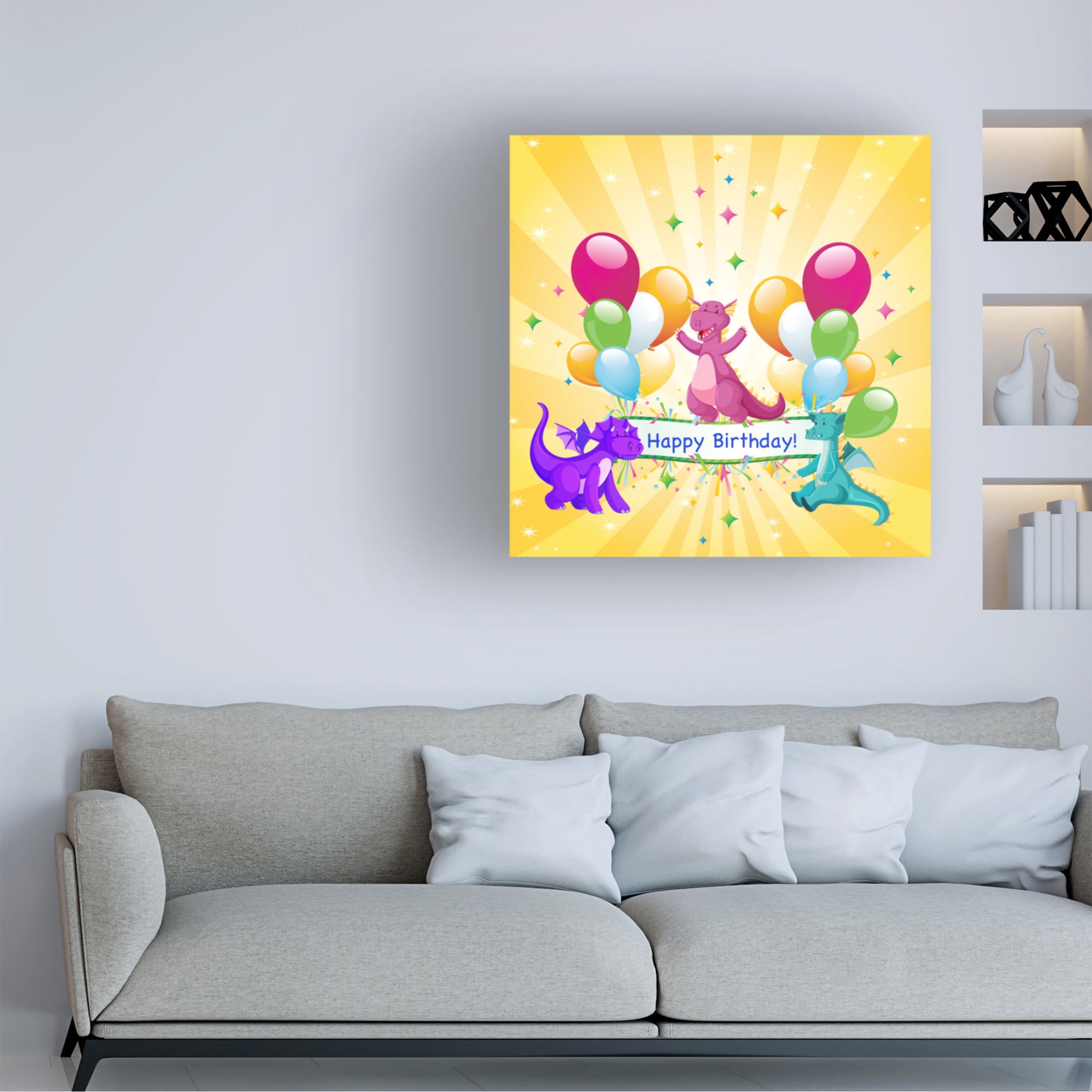 Canvas Wall Art - Jean Plout 'Happy Birthday Dragons' Wall Art for Living Room, Bedroom, or Office Décor by Trademark Fine Art - 35 x 35 Inches