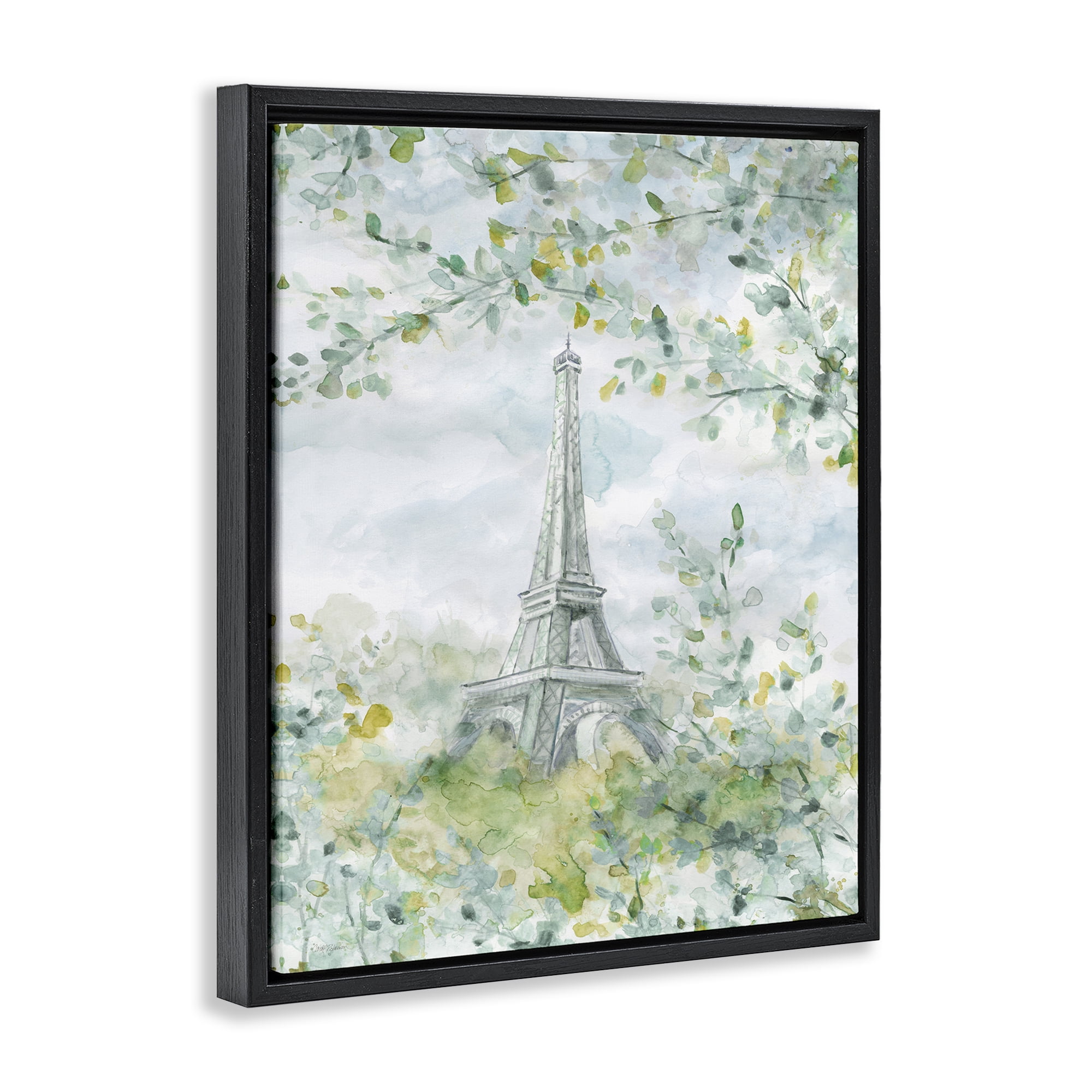 Stupell Industries Eiffel Tower Through Branches Plants & Flowers Painting Black Floater Framed Canvas Art Print Wall Art, 25 x 31