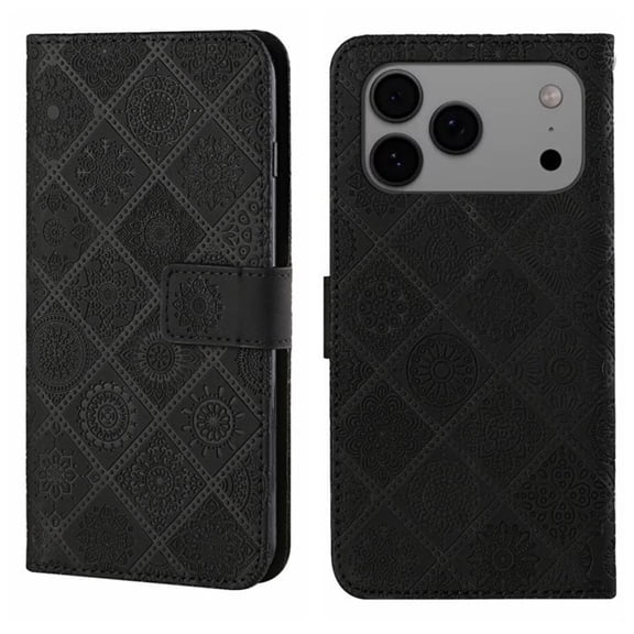 For IPhone 17 Pro 6.3" Ethnic Wind Embossed Strong Magnetic Attachment/Closure, Card Slots/Pocket, PU Leather Flip Wallet Case ,Black,For iPhone 17 Pro
